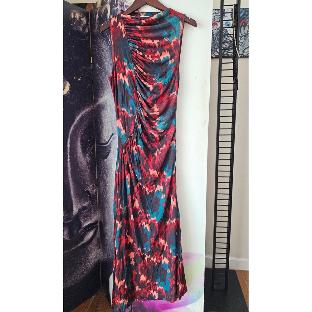 Ulla Johnson Red Teal Abstract Print Ruched Sleeveless Long Dress Size M